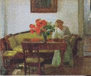 Anna Ancher Interior with poppies and reading woman oil painting